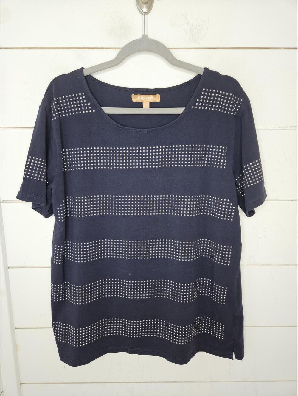 Ellen Tracy large navy blue with silver metal studded accents dressy tee shirt